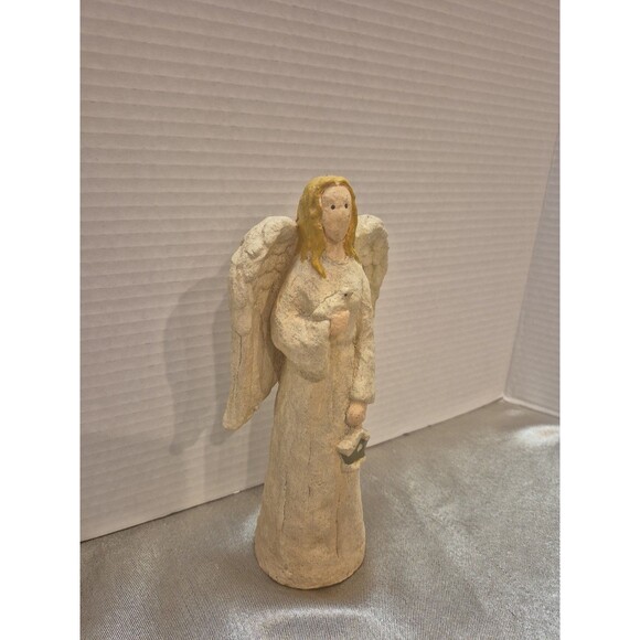 Chalk Painted Angel Figure With Blond Hair Holding Bird And Birdhouse Stamped - Picture 2 of 13
